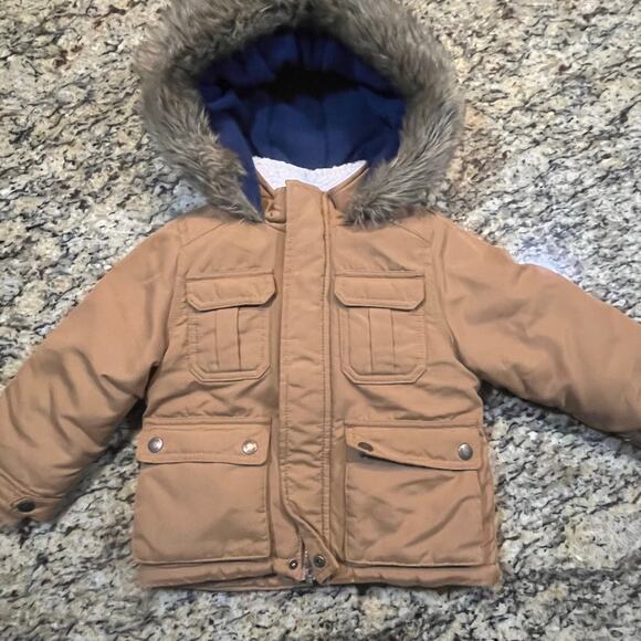 Carters Boy 2T Medium Weight Parka Brown Pocket Hooded fur Jacket Winter Cozy - Picture 2 of 7